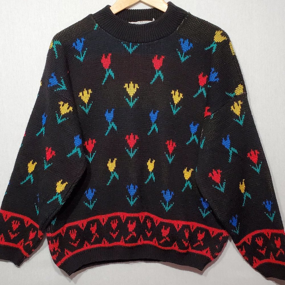 Vintage 80s Tulip Flower 8 Bit Video Game Style Knit Crewneck Sweater Women's XL